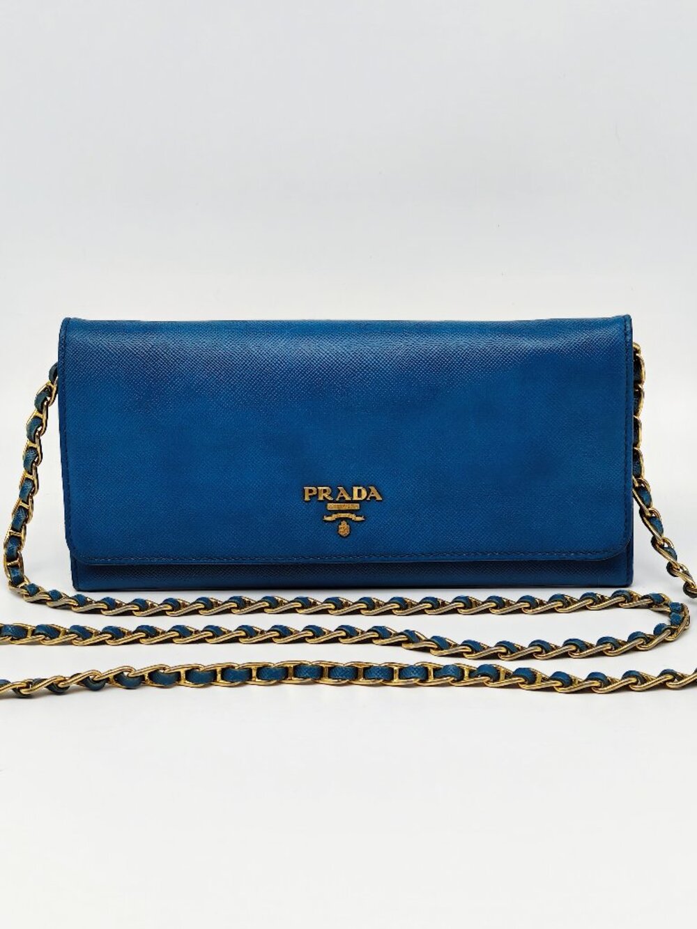 Prada Blue Saffiano Leather Wallet on Chain Crossbody Bag Gold Hardware